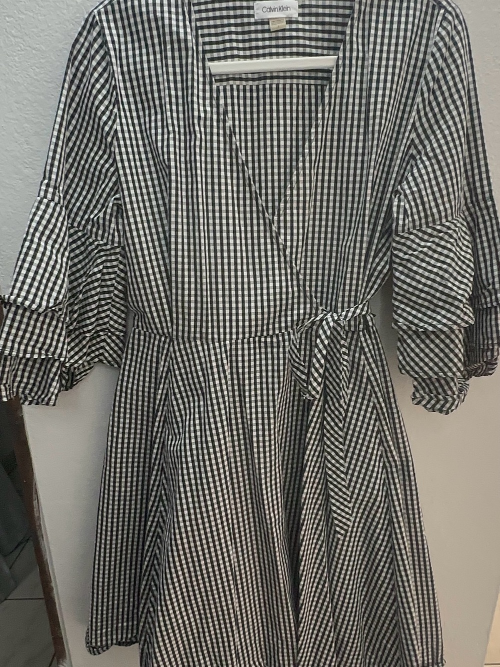 Calvin Klein Black and White Gingham Wrap Midi Dress